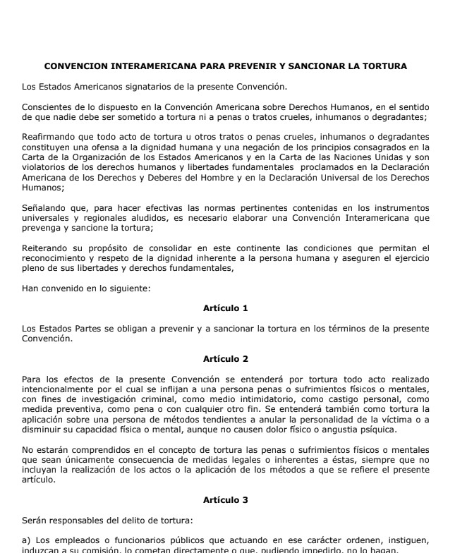 CONVENCION INTERAMERICANA PARA PREVENIR Y SANCIONAR LA TORTURA