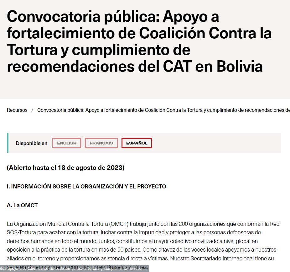 Convocatoria pública Apoyo a fortalecimiento de Coalición Contra la Tortura y cumplimiento de recomendaciones del CAT en Bolivia