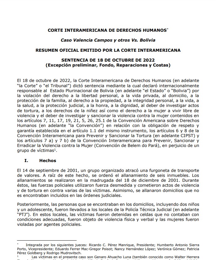 Resumen Caso Valencia Campos y otros Vs. Bolivia